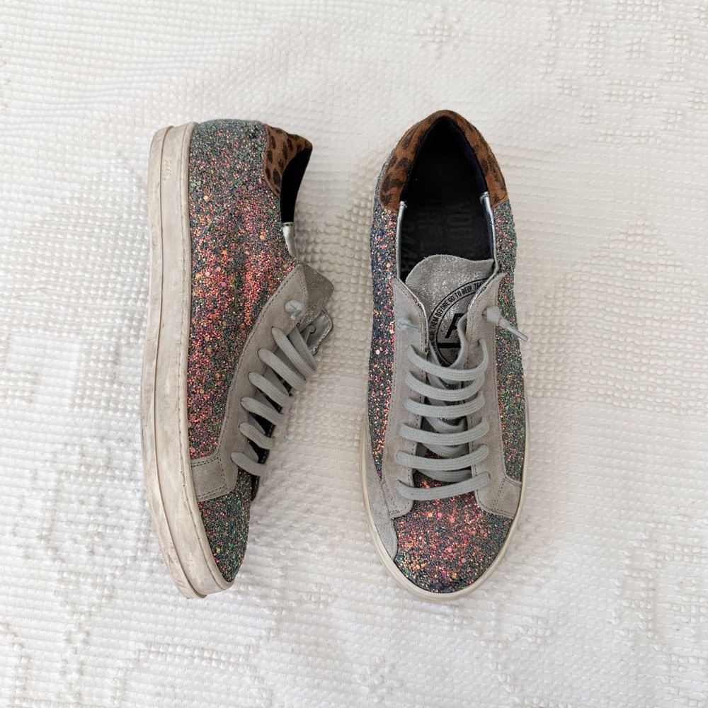 Women’s Glitter Lace-Up Sneakers with Leopard Heel